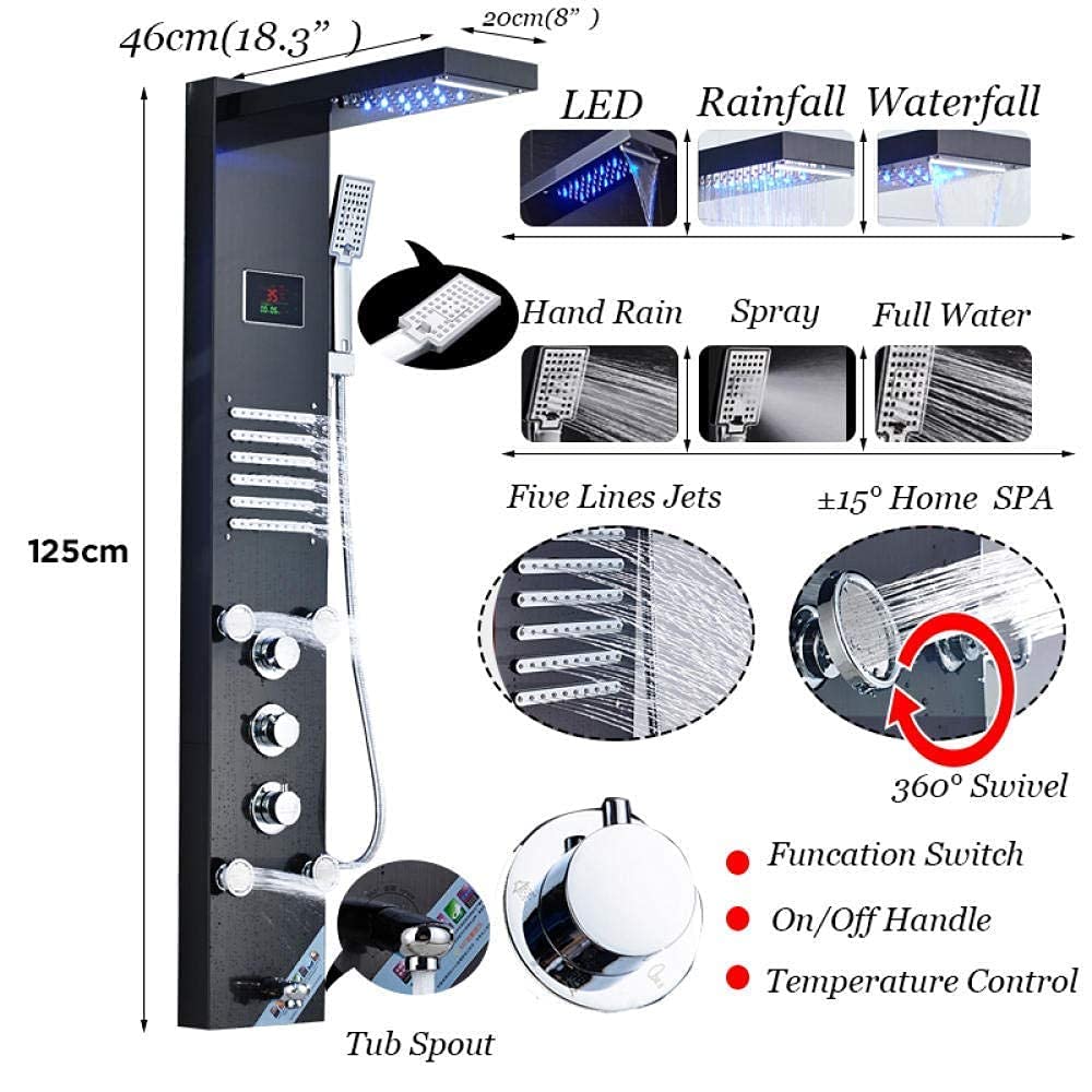 de Grifo de Ducha de Lluvia y Cascada LED, chorros de Masaje de Acero Inoxidable con Boquilla de bañera de Ducha de Mano para Columna de Ducha