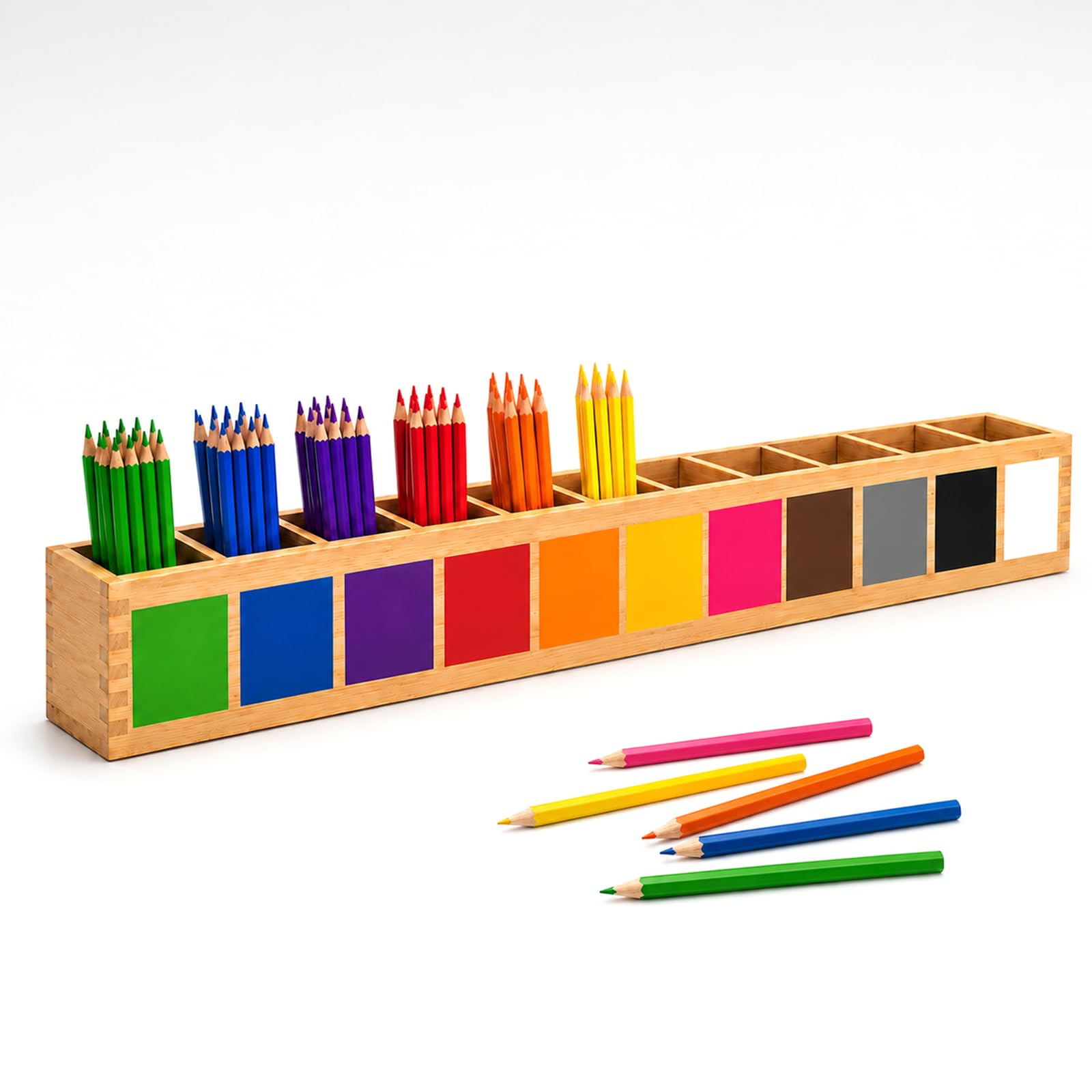 Pot à Crayons de Couleur en Bois 73 x 8 x 9 cm, Montessori Pot à Crayon Bois Massif à 11 Compartiments Rangement de Bureau pour Crayons de Couleur et Pinceaux, Idéal pour École Bureau Maison