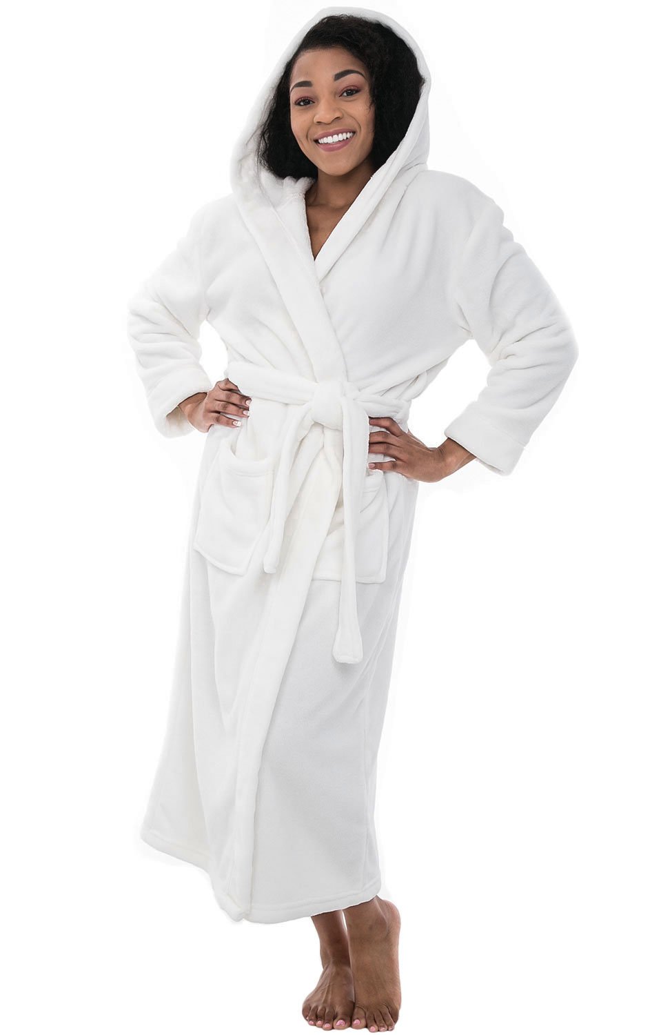 Alexander Del Rossa Plush Fleece Robe for Women, Long Hooded Bathrobe with Hood, Plus Size