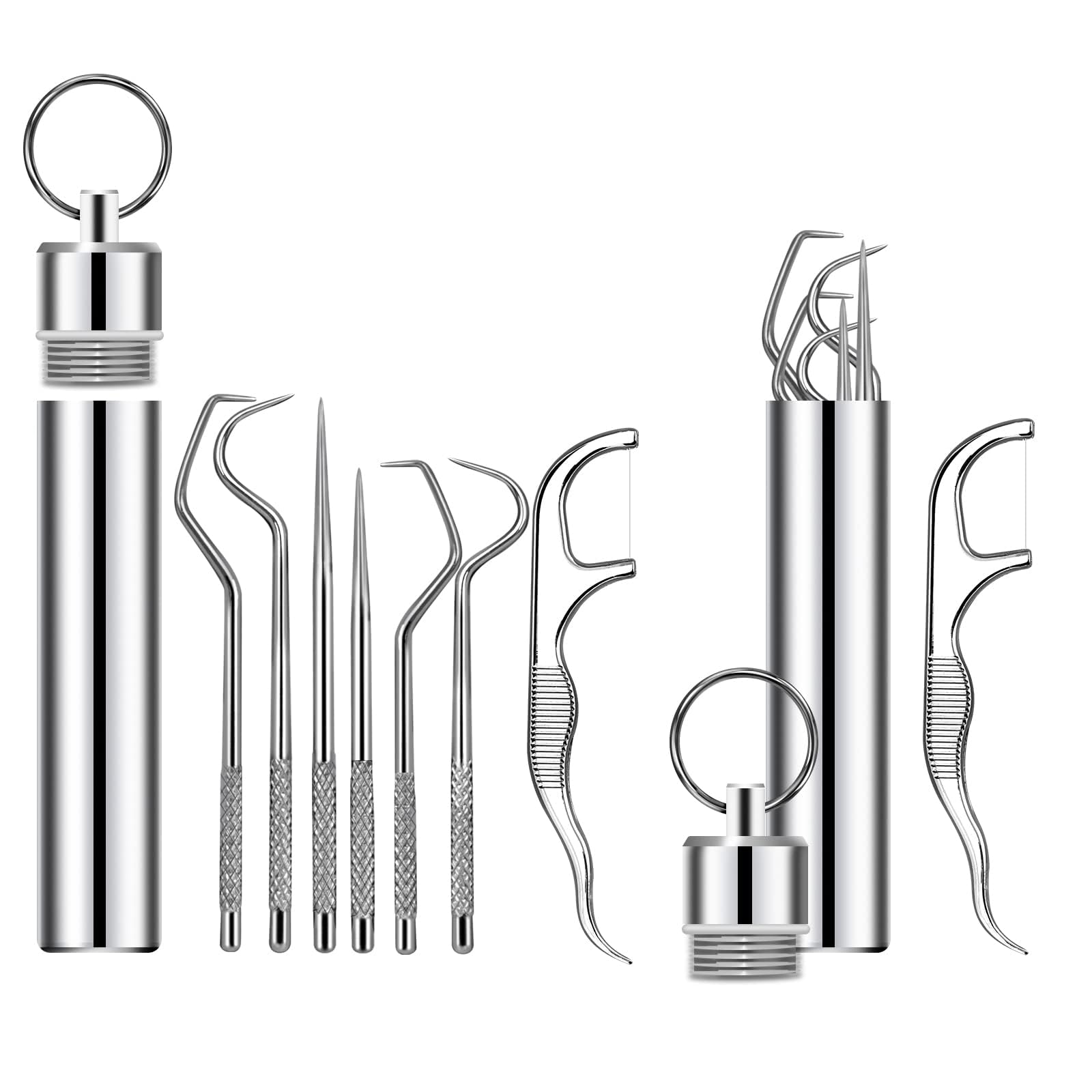 7Pcs 2 Set Portable Stainless Steel Toothpicks Pocket Set Reusable Metal Toothpicks Cleaning Kit with Holder for Outdoor