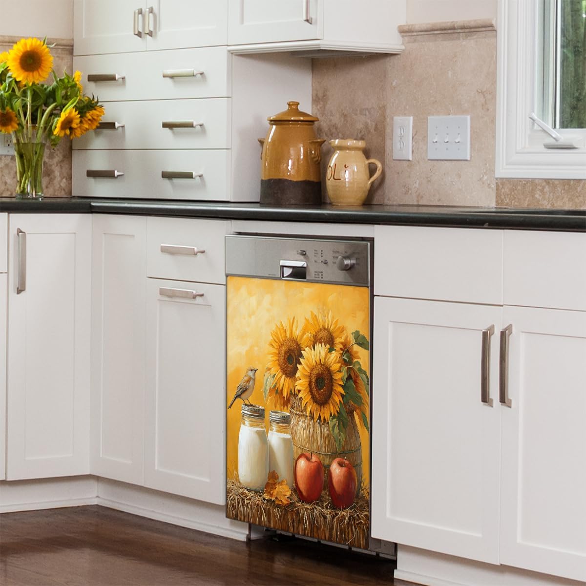Dishwasher Magnet Cover Yellow Sunflower Apple Front Dishwasher Cover Decorative Refrigerator Reuseable Home Cabinet Appliances Stickers 23 x 26 inches