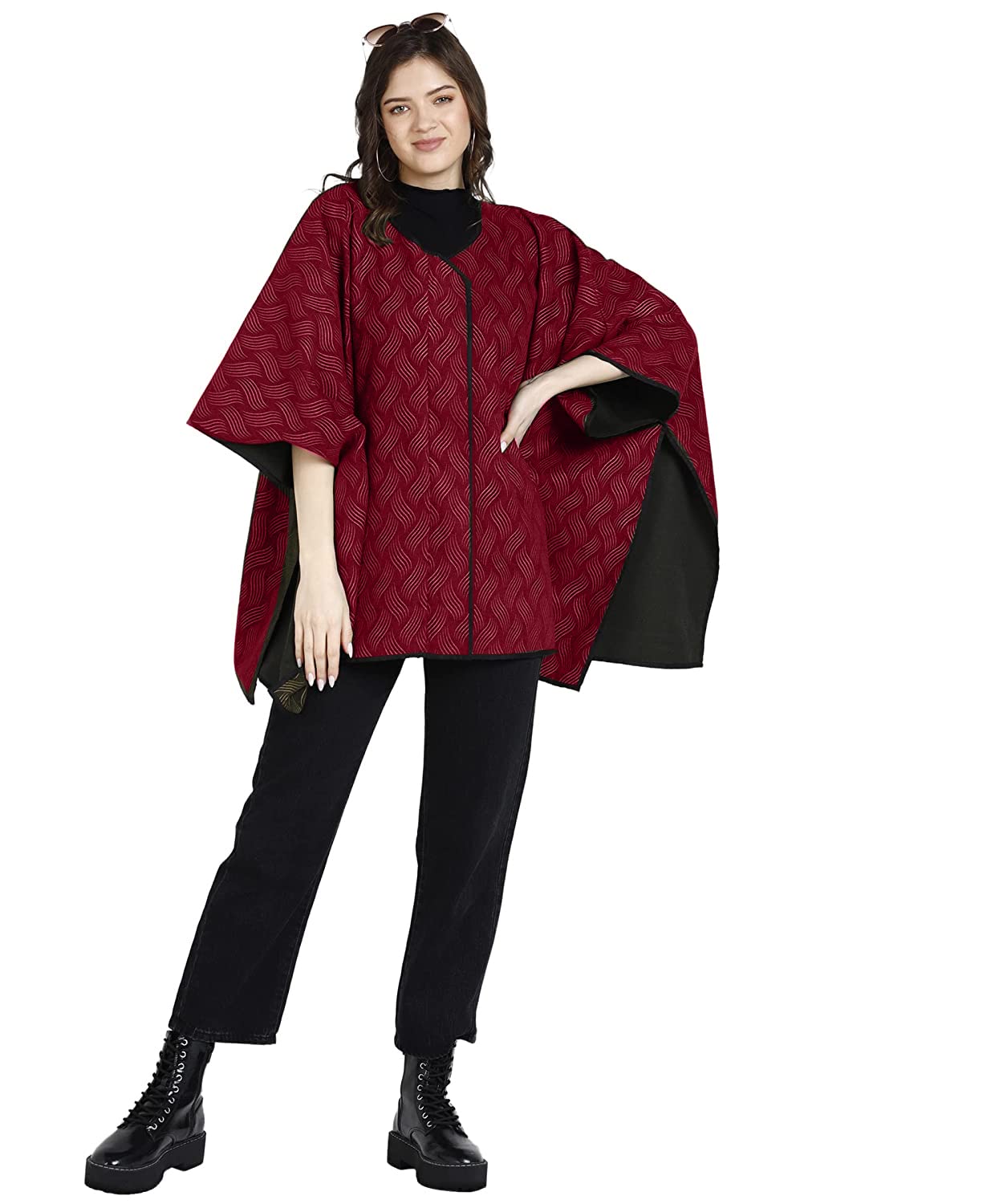 Women's Wine Gold Print Velvet Tweed Winter Cape/Shrug-image-47