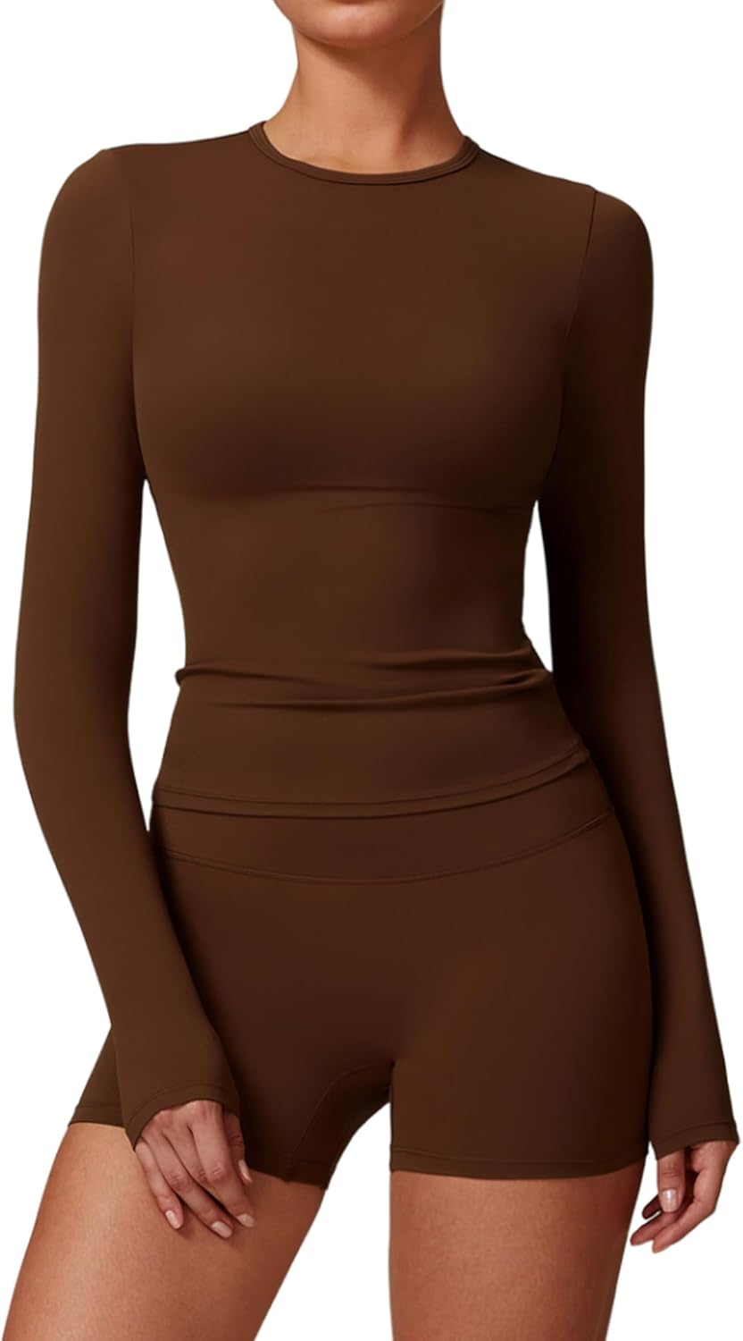 QBGJTD Womens Workout Sets Two Piece Long Sleeve Top Matching High Waist Shorts Sets Fall Winter Gym Work Out Clothes