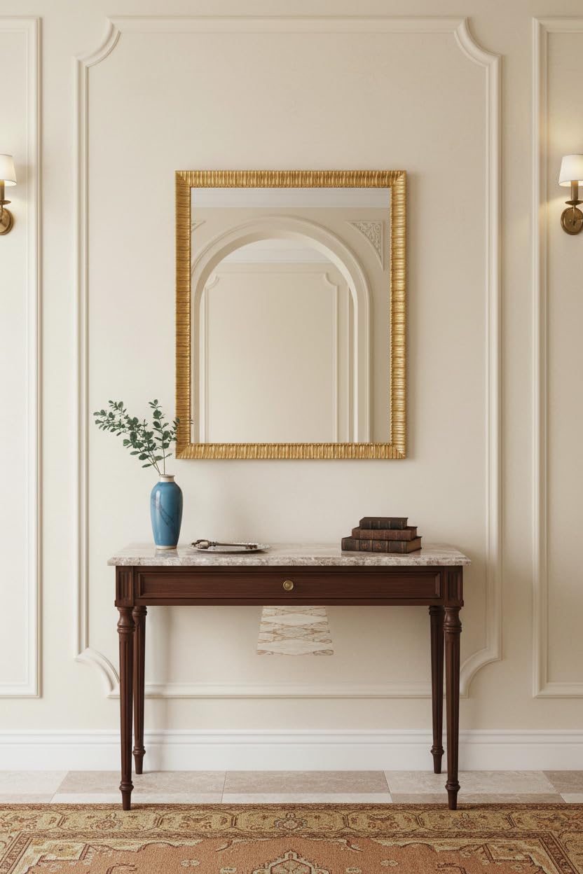 MO.WA. Specchio da Parete moderno oro, cornice in legno cm. 58x78, made in Italy, specchiera da appendere ingresso, camera da letto, bagno, soggiorno