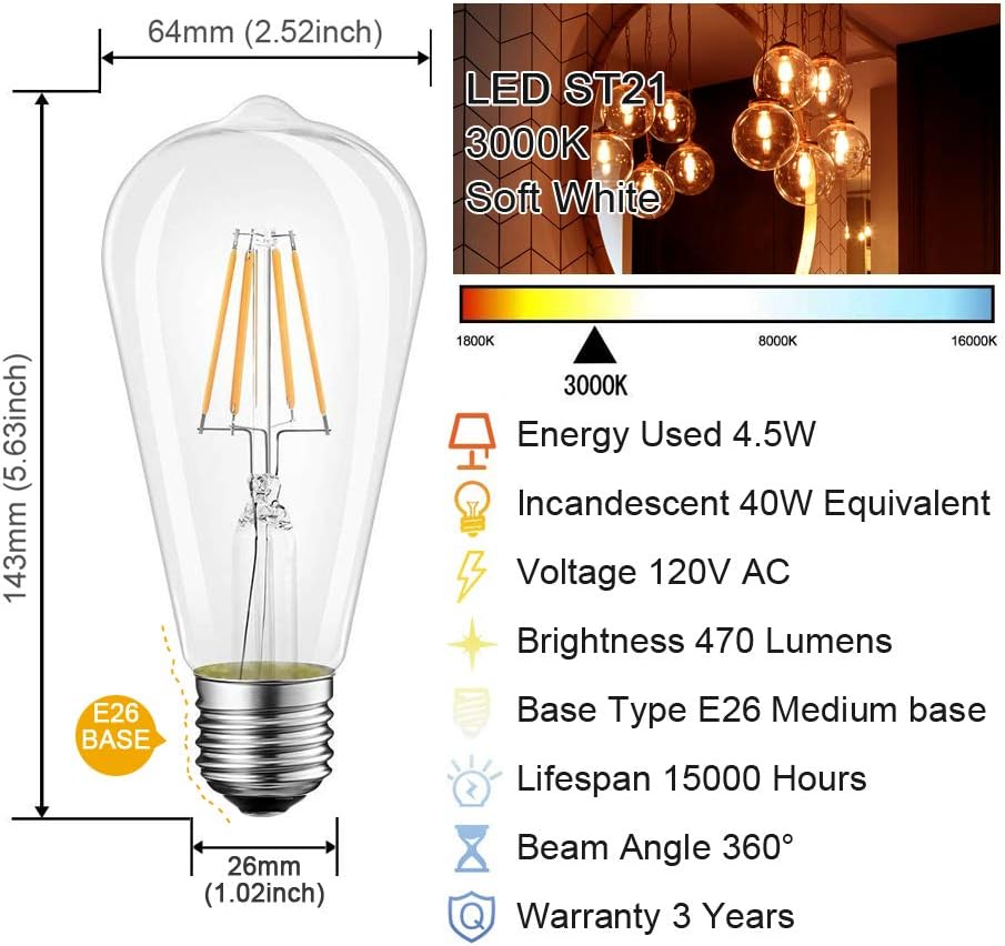 Soft White LED Vintage Filament Bulbs, Pack of 6