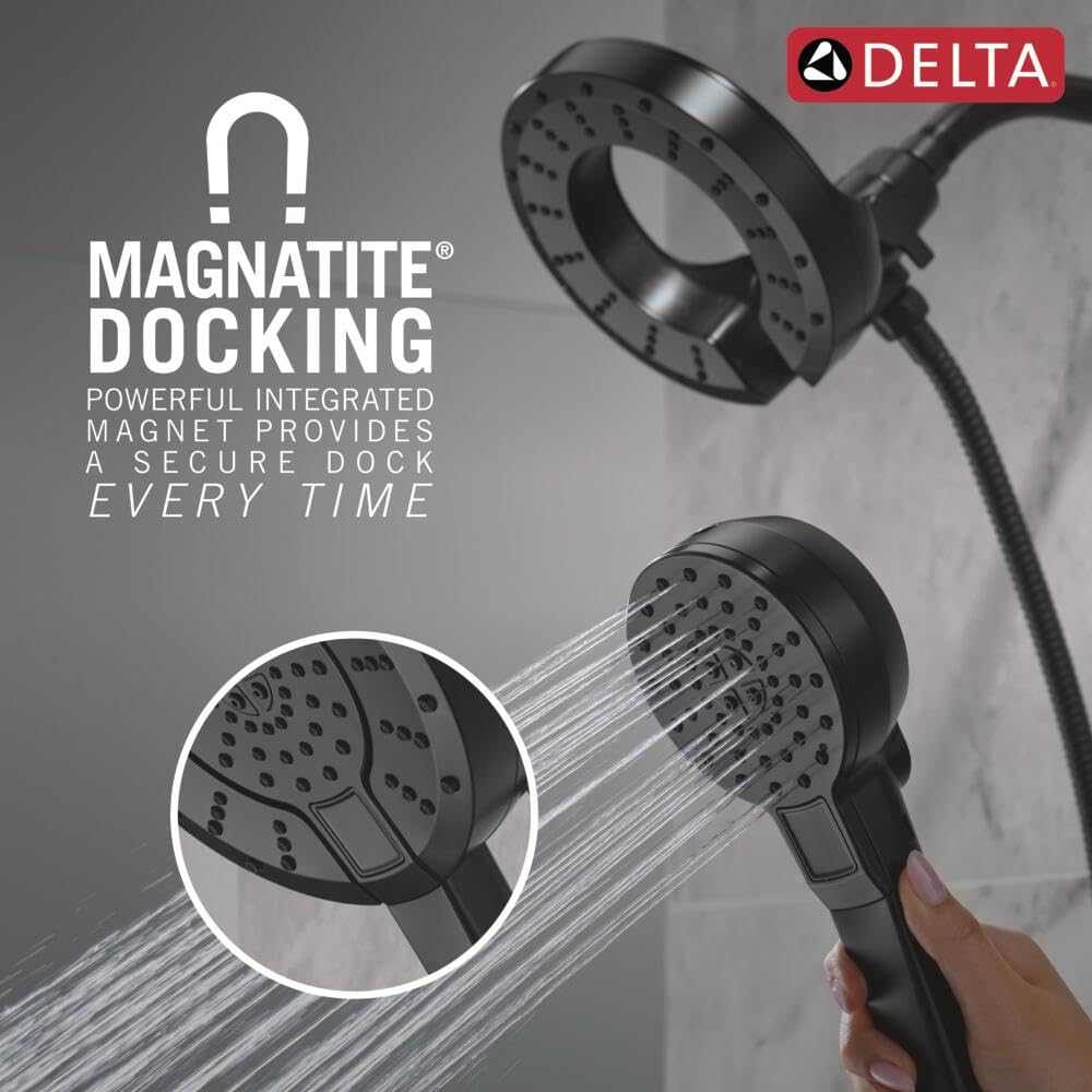 Delta In2ition - Cabezal de ducha doble 2 en 1 de 5 ajustes con spray de mano ProClean de alta presión, cabezal de ducha desmontable negro mate con manguera, caudal de 2.5 GPM, negro mate 58596-BL25