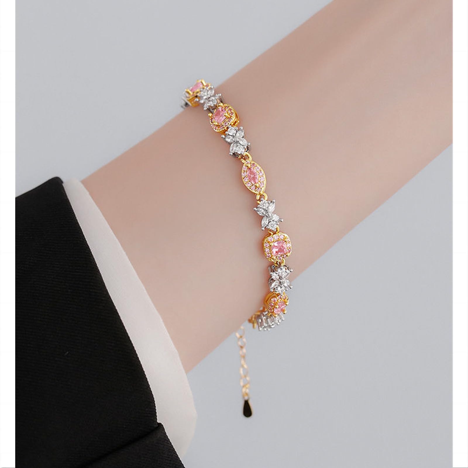 Bracciali da Donna Cubo di Zucchero Francese Giallo Giallo Rosa Zircone Bracciale A Prua da Donna Bracciale di Moda Ornamenti A Mano di Tennis-Rosa E Giallo