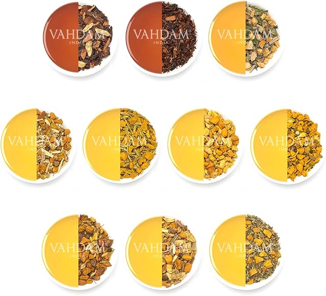 VAHDAM, Turmeric Tea Sampler (10 TEAS) | Turmeric Spiced, Turmeric Ginger, Turmeric Tulsi, Turmeric Saffron, Turmeric Citrus, Turmeric Fennel - Herbal Tea Variety Pack | Gift Set for Mothers