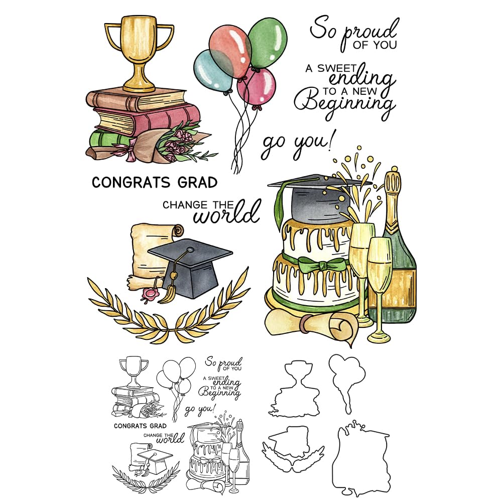 Graduation Season Celebrations Party Clear Stamp Metal Cutting Dies Set for Card Making DIY Scrapbooking Supplies Silicone Stamp Knife Mold with Plastic Envelope Bag for Albums Crafts Decor