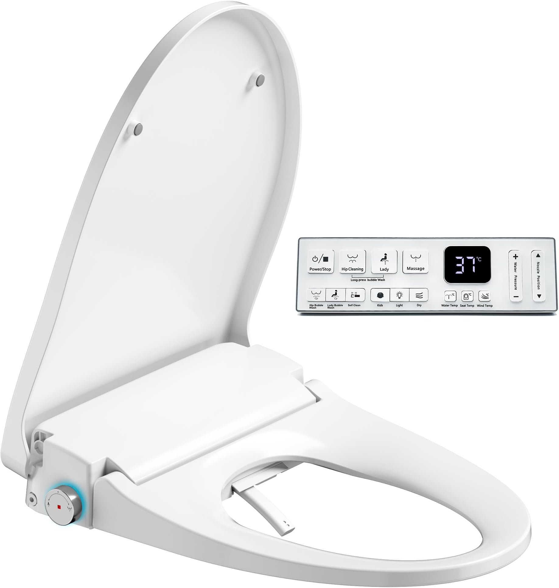 Electric Heated Bidet Warmer Water Toilet Seat Elongated with Bubble Wash, Warm Air Dryer, Endless Warmer Water, Remote Control, Curved Spray Bar, 70" Power Cord, Clean Water