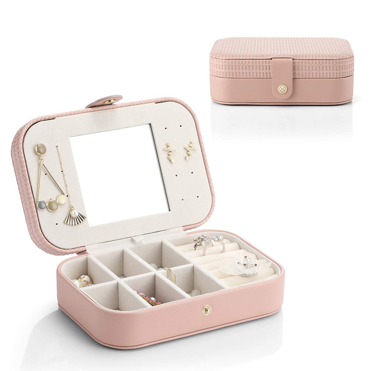 Vlando Travel Jewelry Case Box Women PU Leather 2 Layer Jewelry Organizer Holder for Necklace Earring Rings-Weaving Pink