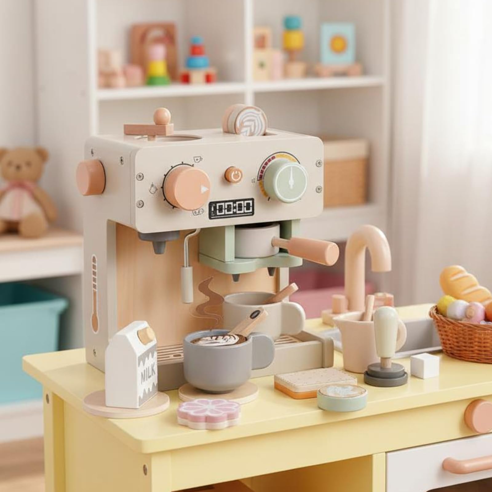 Kinder Spielgerät Holz Kaffeemaschine Nachbildung Spielküchengerät Espressomaschine Getränkezubereiter Ausgestattet mit Zubehör für Rollenspiele Kinderzimmer Familienspiele
