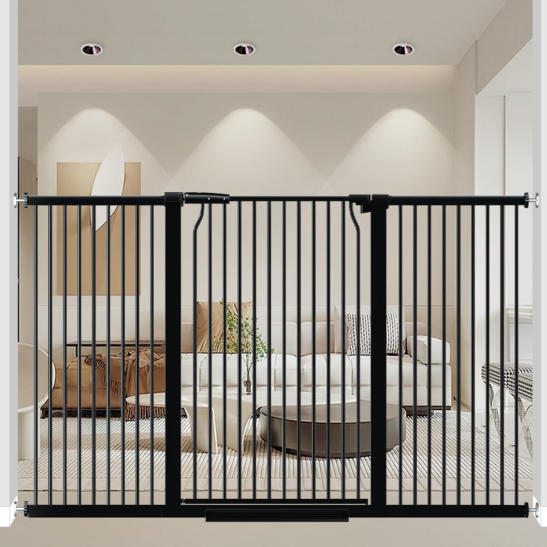 40.55" extra tall dog gate for doorways stairs, 63-65.7 in extra wide baby gate walk thru, pressure mounted tall pet gates no drill, large doggie gates with door, auto close indoor, black