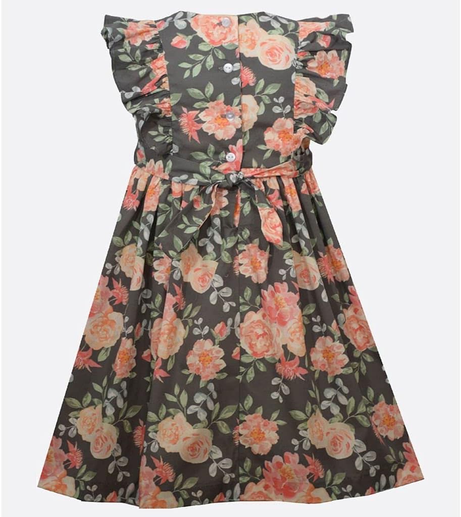 Bonnie Jean Girl's Thanksgiving Dress - Smocked Grey Floral for Baby Toddler and Little Girls