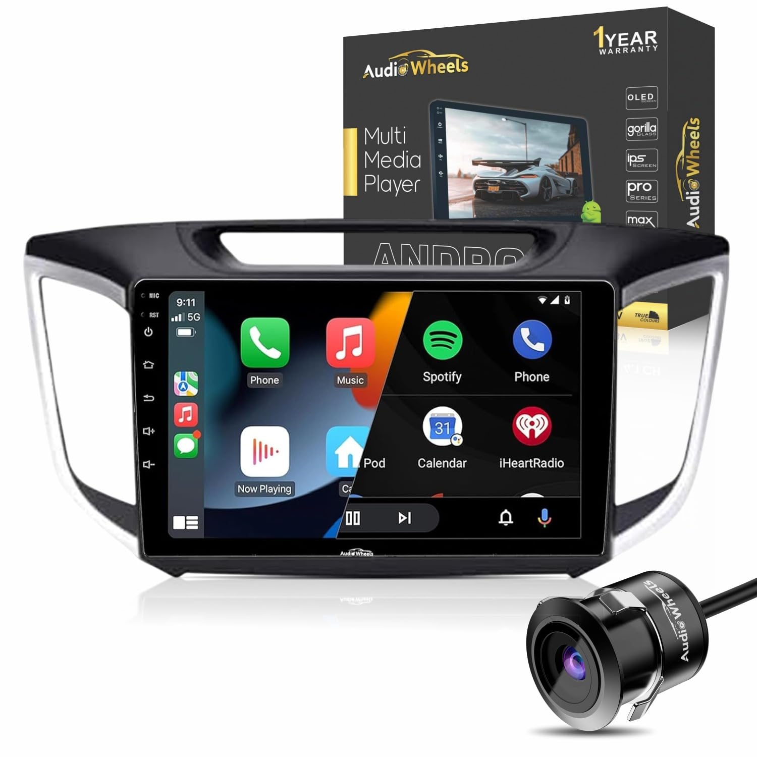 Audio Wheels Wireless CarPlay & Stereo Auto 9inch 1280P Car Android Display with Gorilla Glass | Android 13 | TS-9 Processor | 2GB & 32GB +Frame+HD Camera Included (Hyundai Creta 2015)-image-45