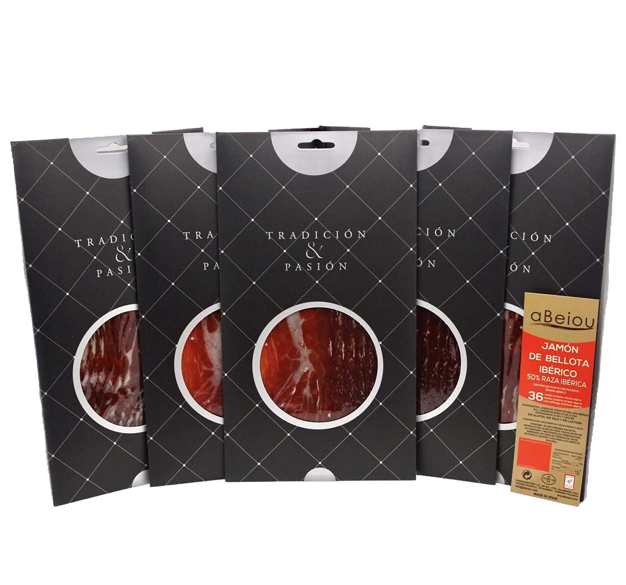 Jambon Ibérique nourri au gland de Bellota Tranché 500 g (5×100 g) — Affinage +36 Mois — Certifié Hycer — Jamón Ibérico de Bellota — Guijuelo Espagne — aBeiou