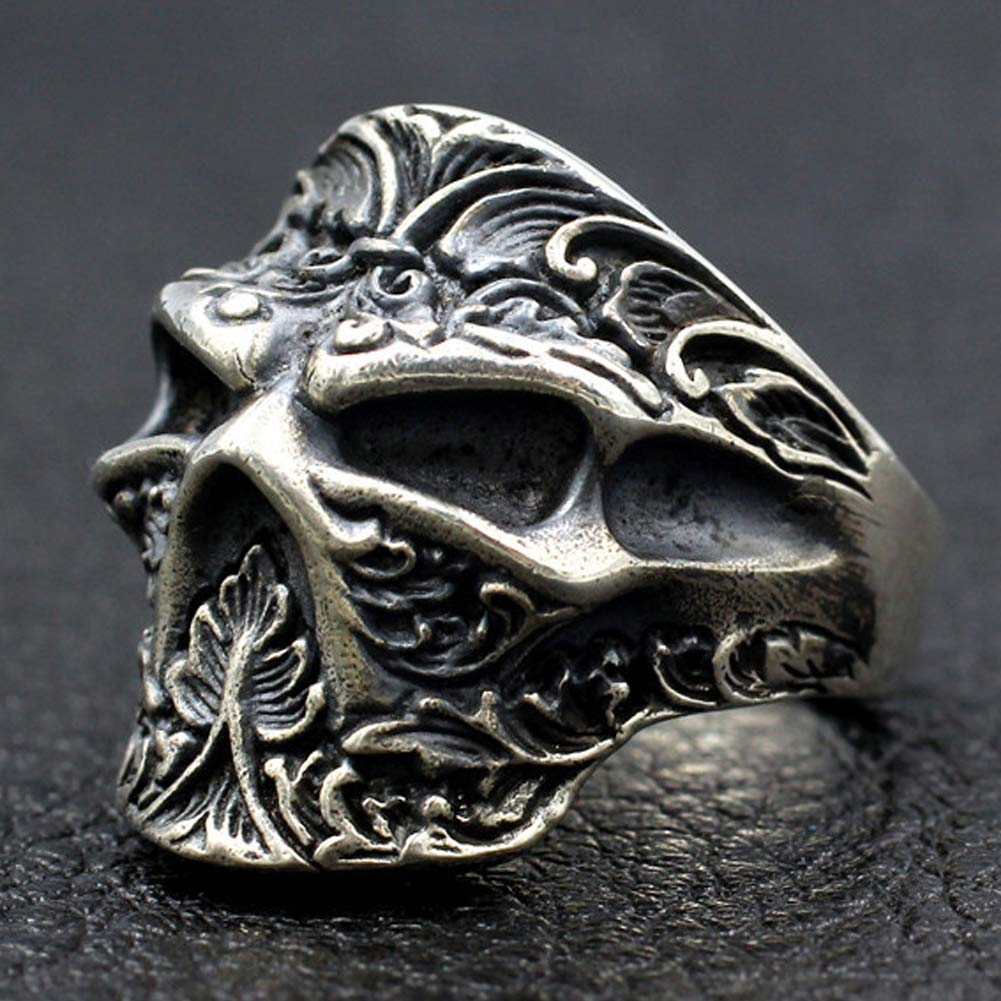 YABEME 925 Sterling Silber Schädelring, Vintage Geschnitzten Rock Punk Gothic Schmuck, Frauen Männer Coole Geburtstagsfeier Biker Geschenk (Größen 8-11)