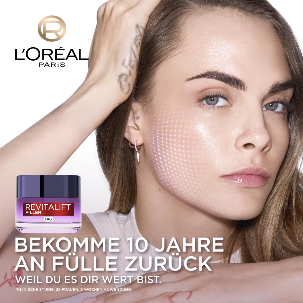 L'Oréal Paris Gesichtspflege Set, Anti-Aging Hyaluron Tagespflege und Nachtpflege gegen Falten, mit Micro-Filler Hyaluronsäure, Revitalift Filler, 2 x 50 ml
