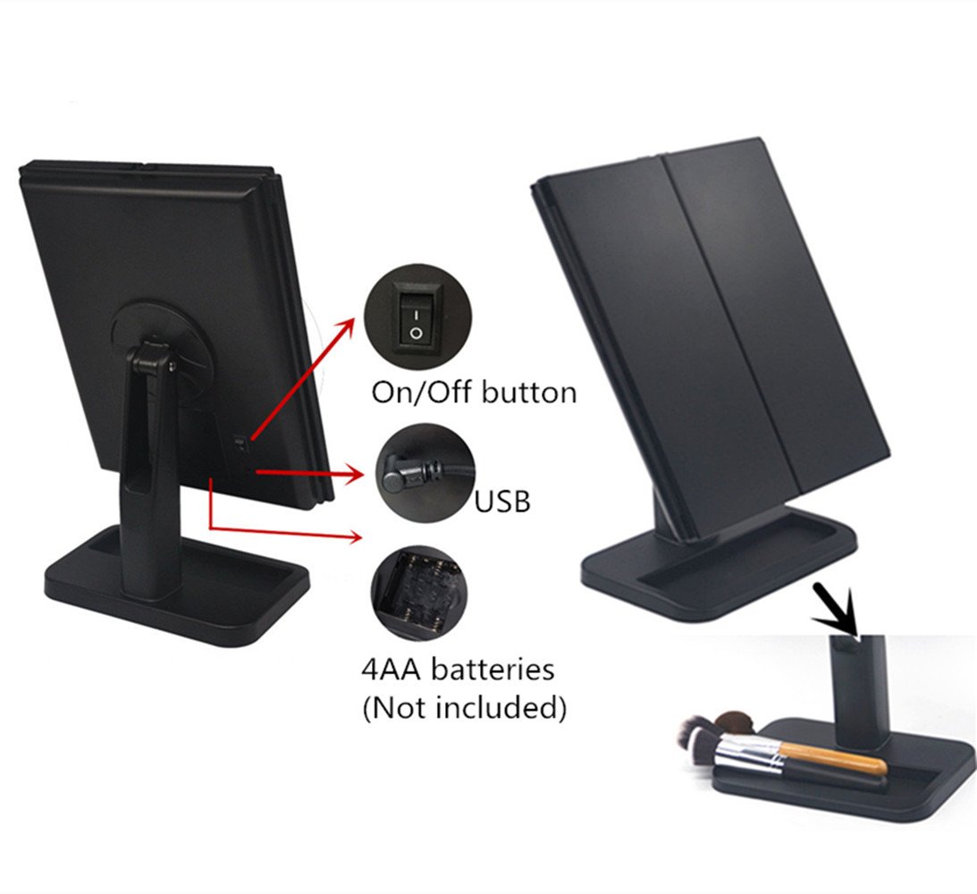 FLYMEI [Upgraded] Tri-Fold Lighted Vanity Makeup Mirror with 24 LED Lights, Touch Screen and 3X/2X/1X Magnification, 180° Adjustable Rotation, Countertop Cosmetic Mirror (Black)