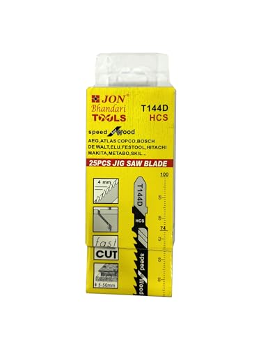 Image of Jon Bhandari Tools 25pc Jigsaw Blades (T144D) - T-Shank High Carbon Steel Blades for Heavy Duty Precision Curve and Design Cutting in Wood, PVC & Plastic - Professional, Industrial & DIY Use