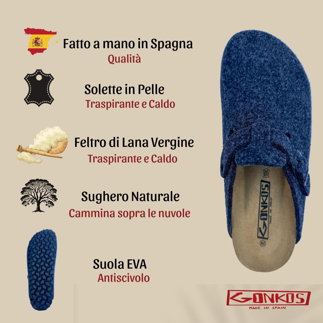 Pantofole in Feltro di Lana, Soletta Anatomica in Sughero Naturale e Pelle Scamosciata, Zoccoli di Feltro, Pantofole Uomo Donna, Sabot Uomo Donna,Confortevoli e calde di Qualità,Made in Spain