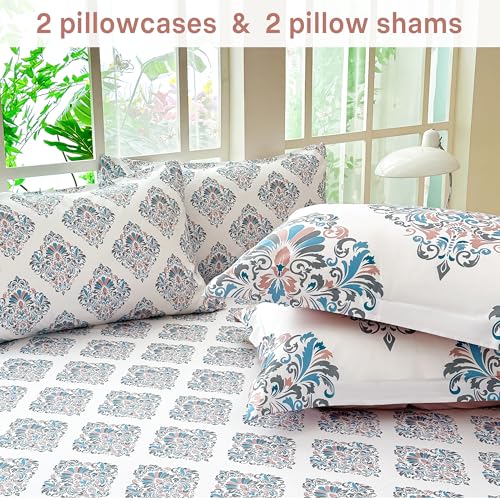 Image of lasoftan Floral King Comforter Set with Sheets, 7 piece Luxury Vintage Bedding, Soft Microfiber Bed in a Bag, Cozy Lightweight Bed Set, Damask Boho Flower