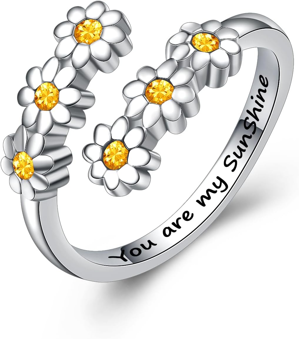 Jinlou 925 Sterling Silver Dainty Daisy Rings Flower Finger Rings For Women Love Promise Band Sunflower Adjustable Thumb Rings For Women
