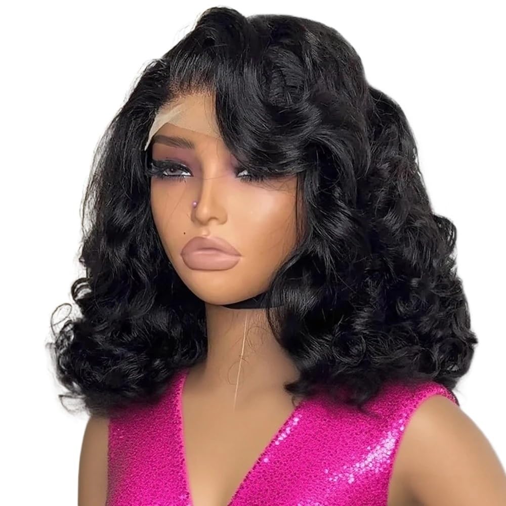 xiuling4568 Black Short Wavy Human Hair, HD Lace Front Wig, Pre Plucked Natural Hairline, Glueless Wear and Go Bob Wigs Hairs Extensions(13x6 Front Lace,16 inch)