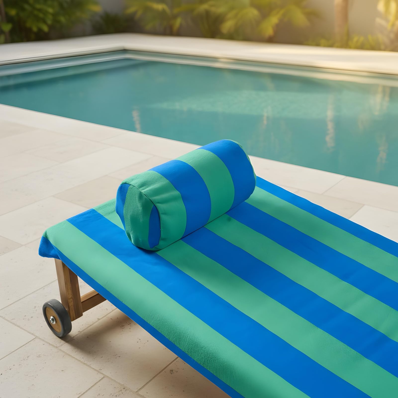 OHS Stripe Large Beach Towel in a Bag Quick-Dry Absorbent Sun Lounger Towel with Pockets & Sunbed Pillow for Sun Loungers Inflatable Beach Bolster Pillow Summer Holiday Essentials Bundle, Blue/Green