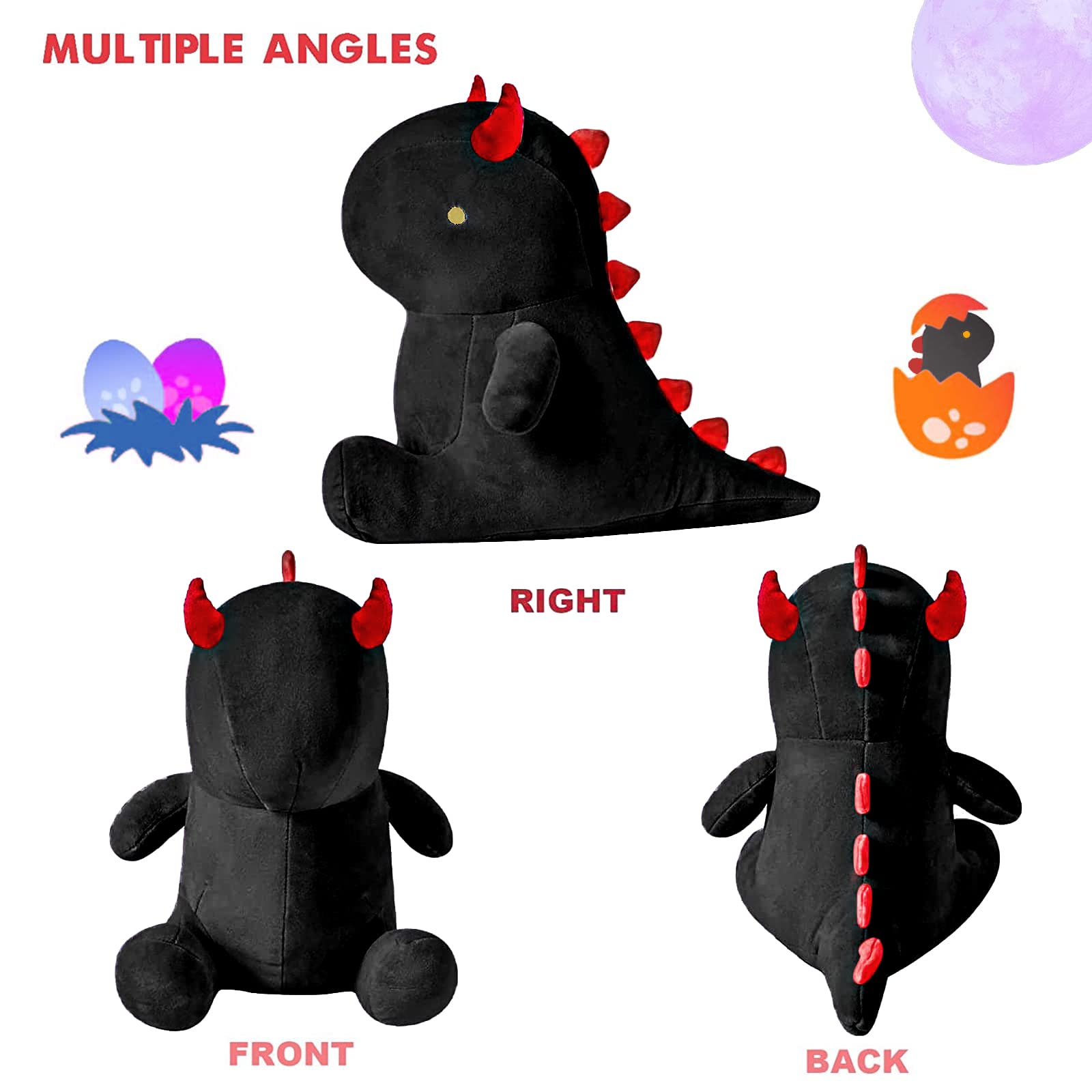 shownicer Peluche Dinosauro, Kawaii Dino Giocattolo Morbido, Animali di Peluche, Bambola di Peluche Cuscino, Regalo per Bambini Ragazza 3+ Anni (Nero, 35cm)