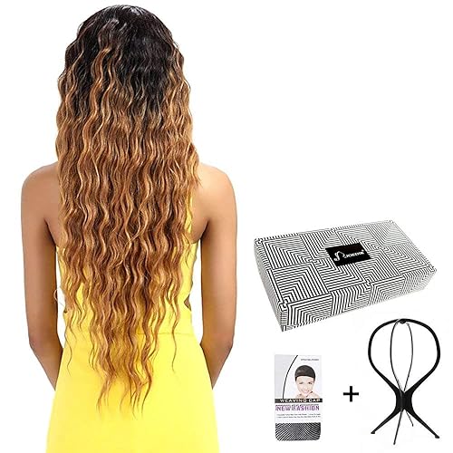 Miniatura 2 de Joedir - Pelucas sintéticas de 30 pulgadas de largo con encaje frontal y cabello ondulado, color negro, 130% de densidad, para mujer afroamericana