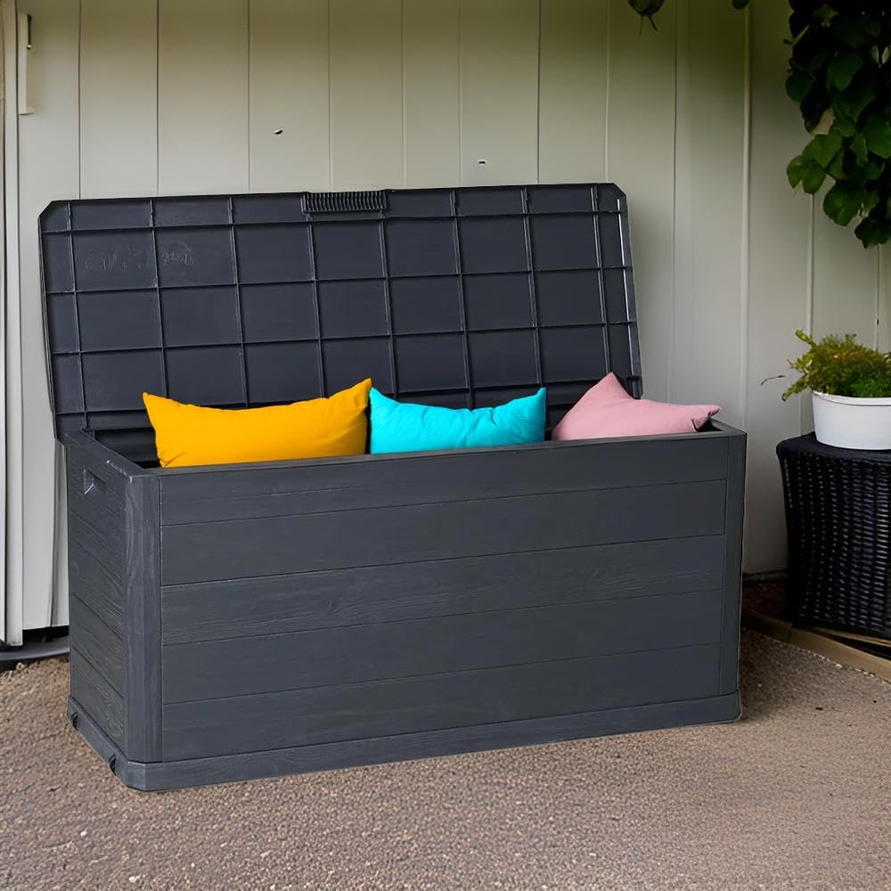 Baule Cassapanca 280 Litri Effetto Legno Contenitore Stoccaggio in Resina Antracite Dimensioni 117x45x56h cm da Esterno Resistente ai Raggi Uv -