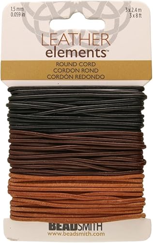 The Beadsmith Cordón de cuero, mezcla negra, marrón y natural, 0.059 in de diámetro, 24 pies por tarjeta, tanga de cuero indio para trenzar,
