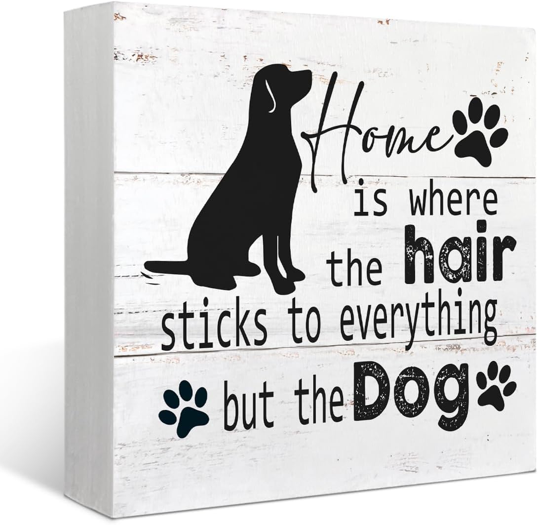 Mtrgdn Home 'Is Where The Hair Sticks' Wood Box Sign Desk Decor - Funny Dog & Puppy Wooden Box Block Sign - Home Wall & Tabletop Decor for Dog Lovers