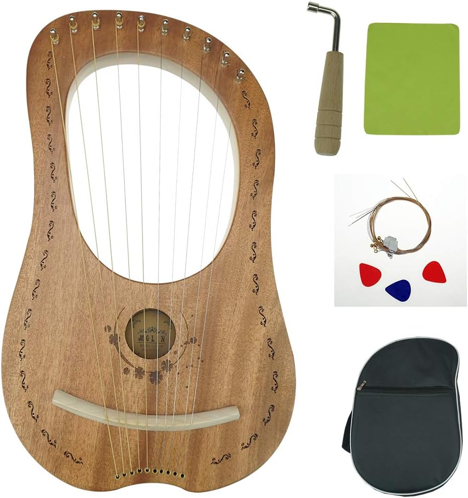 "OW" Lyre Harp 10 Metal String Wooden Saddle Mahogany Lye Harp with Tuning Wrench and Lyre Harp Bag, Gift Idea