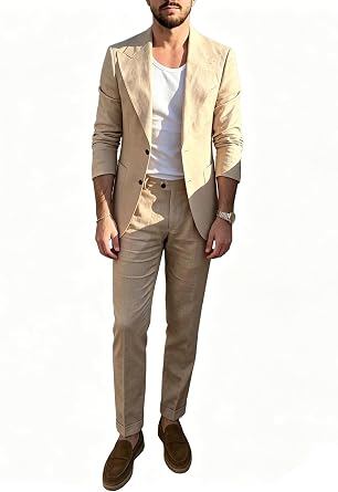 Mens Linen 2-Piece Suit, Beige, Slim Fit Blazer and Pants Set for Beach Wedding, Summer