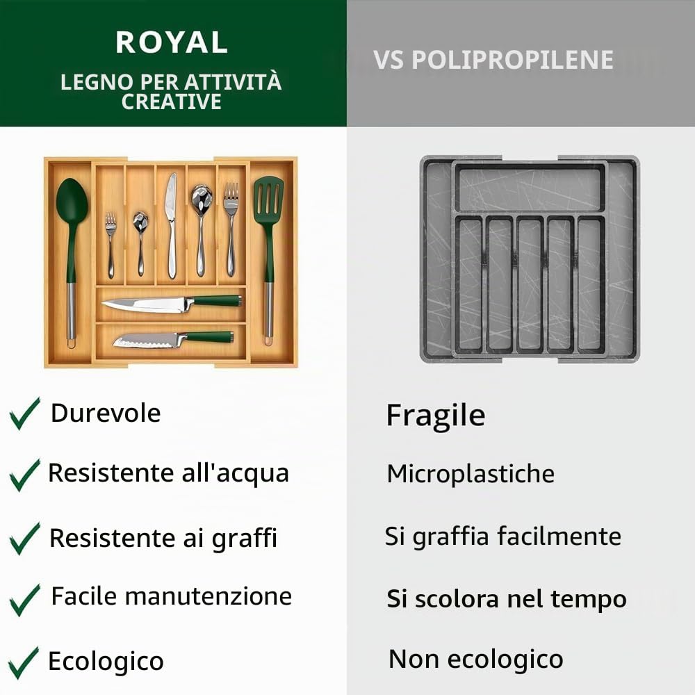 Portaposate per cassetti, portaposate regolabile, larghezza da 33 cm a 50 cm, portaposate in bambù, cassetto portaposate per cucina, portaposate per cucchiai/forchette