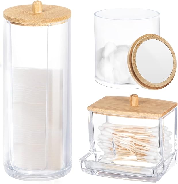 Oziral 3pack Cotton Pad Holder Storage Bathroom Storage Cotton Swab Dispenser Make up Organiser Set Clear Cotton Ball Containers with Bathroom Lid TRANSPARENT