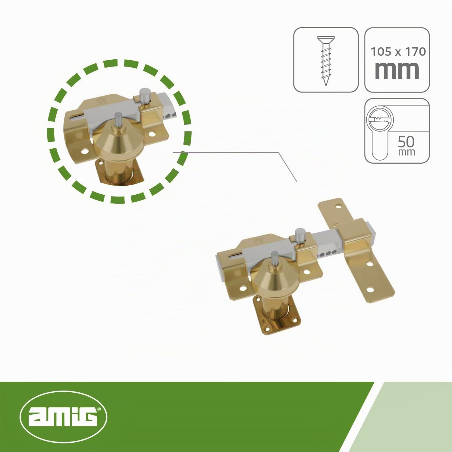 Amig - Cerrojo de Sobreponer con Cilindro Redondo y Pestillo Mod. 1PLUS - 105 x 170 mm -Cerradura de Seguridad para Puerta con Llave y Sistema Anti Bumping - Incluye 5 Llaves de Punto - Acero Dorado