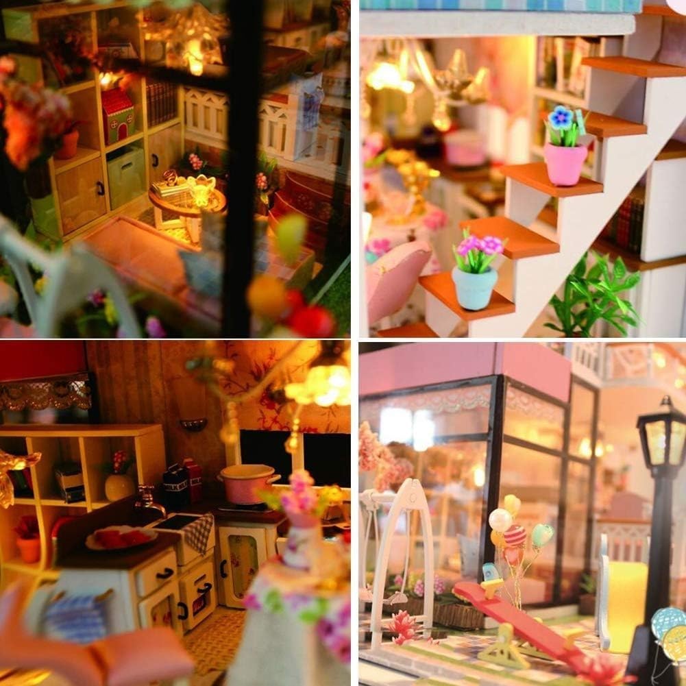 Generico Kit per Casa delle Bambole in Miniatura con Mobili in Legno E Luce LED Miniature da Costruire