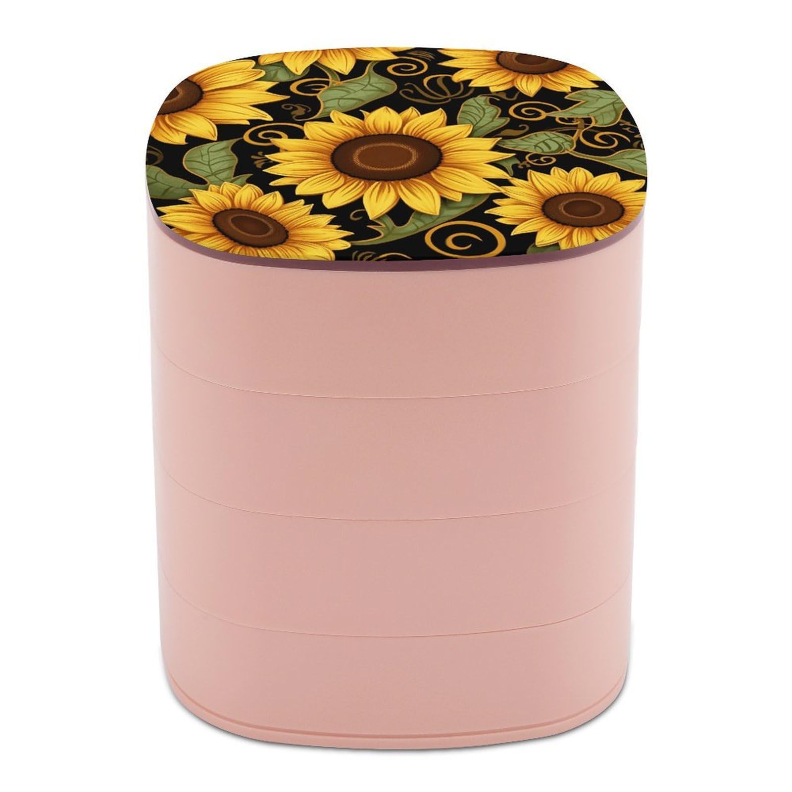 VstaDank Beautiful Sunflower Jewelry Box with Mirror Travel Small Jewelry Case for Women 4-Layer Rotatable Jewelry Organizer Storage Box Portable Jewelry Storage Case for Rings Earrings