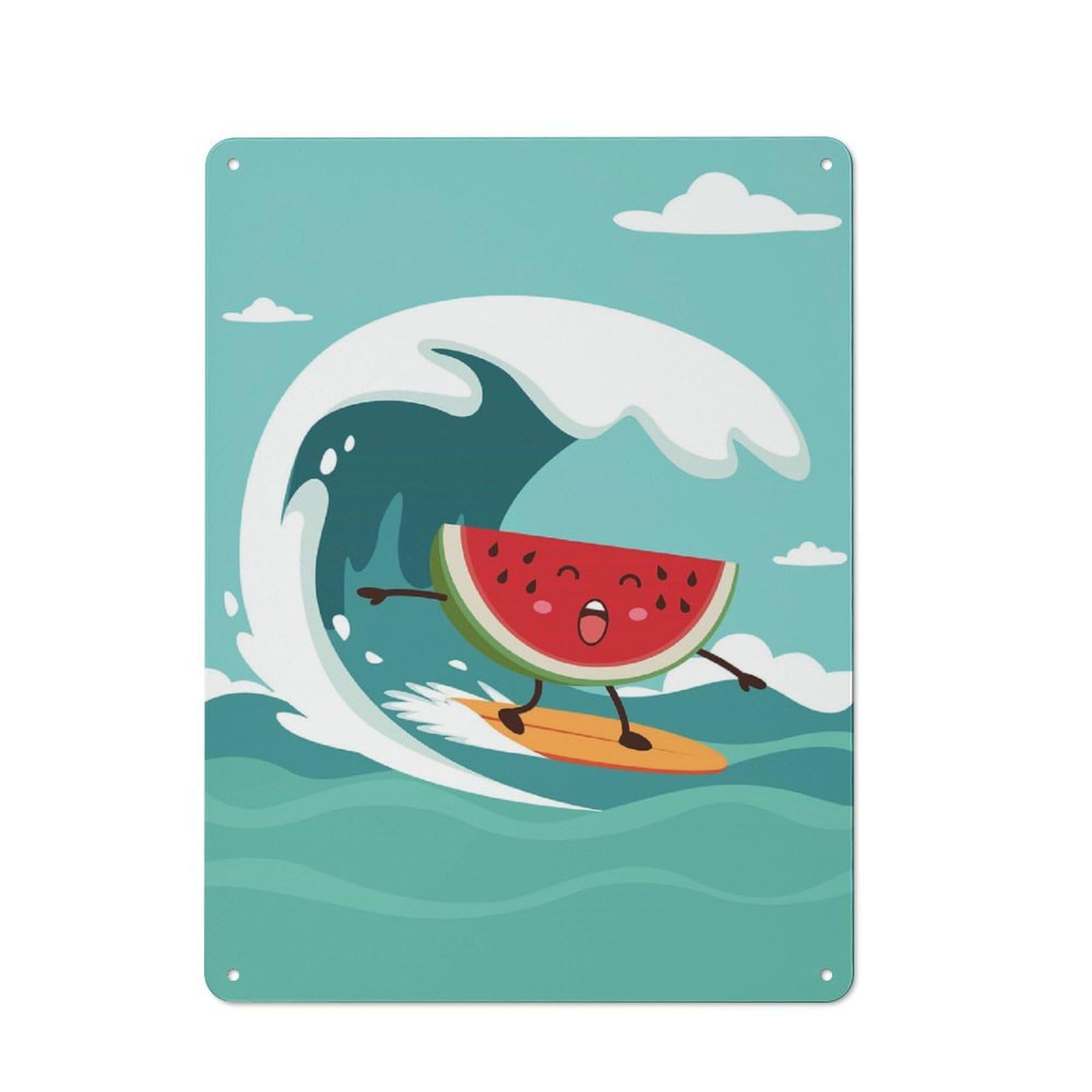 Watermelon Surfing Vintage Metal Wall Decor 40x30cm, Vintage Metal Sign for Cafe, Bistro, Bakery Or Restaurant