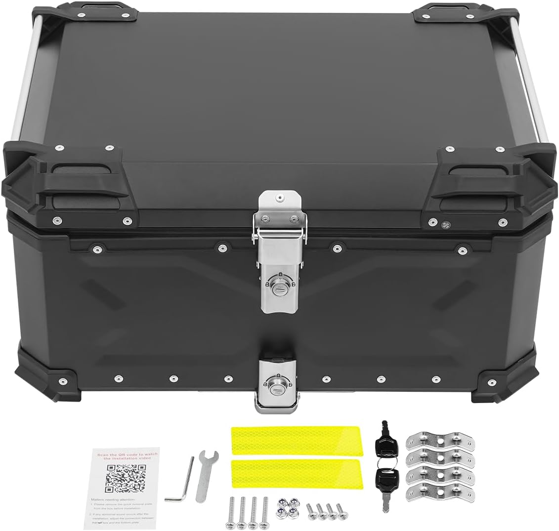 Baúl superior universal para motocicleta, caja trasera impermeable de 65 l con cerradura de seguridad y pegatinas reflectantes, caja trasera universal para motor con forro de cuero para la mayoría de equipaje de casco
