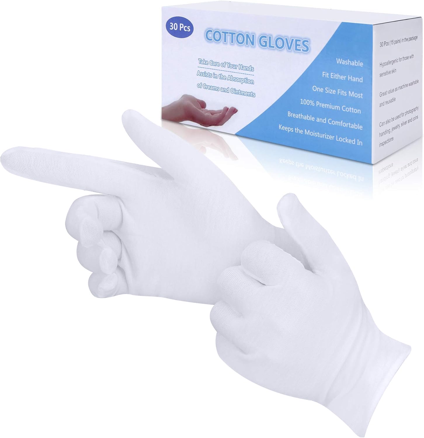 30 Pcs White Cotton Gloves for Eczema, Washable Shrink Resistant Cotton Gloves for Men and Women, Stretchable Breathable Cloth.