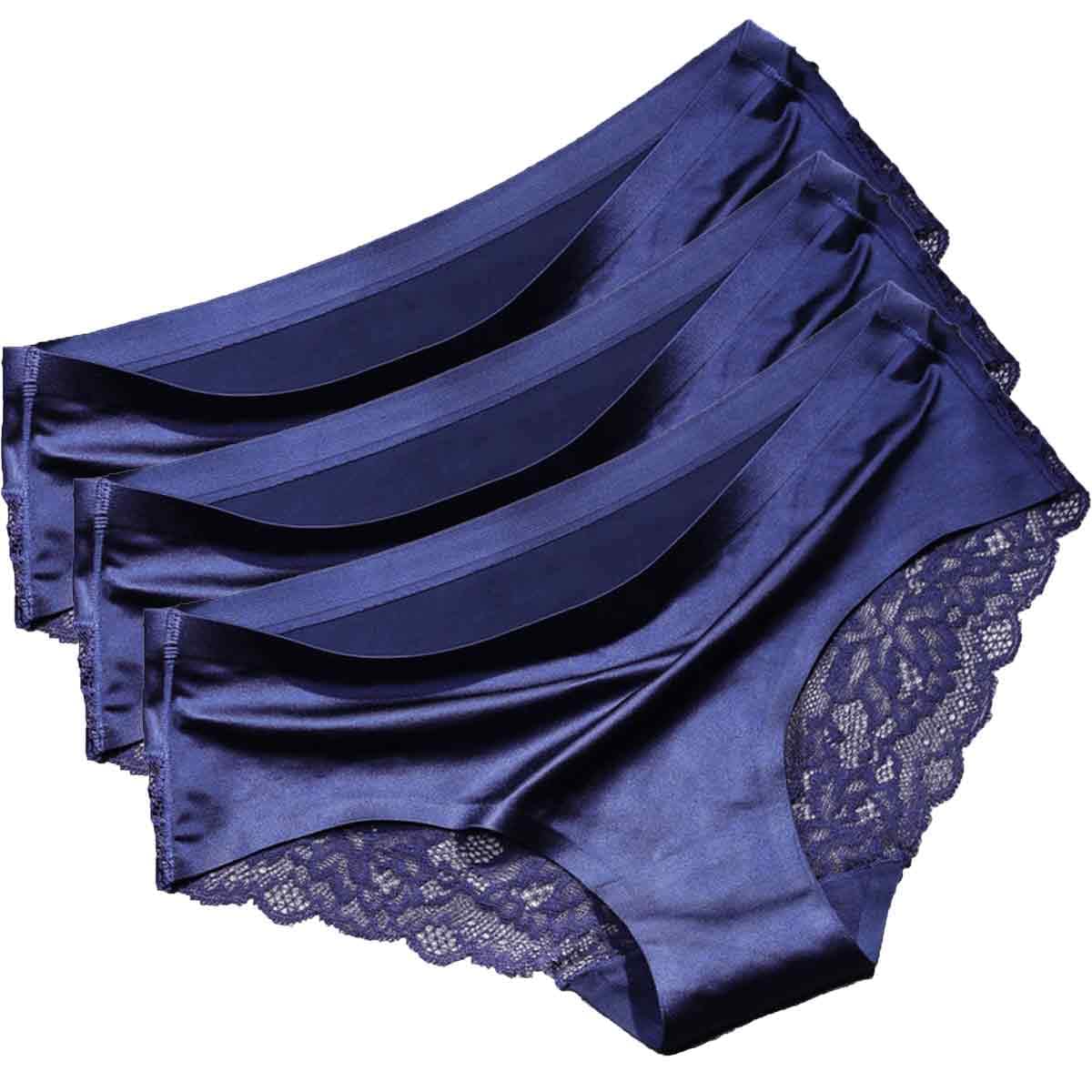 Women's Dark Blue X 3 3 Pack Shiny Satin Ice Silky Knickers Sexy Briefs Underwear Lace Panties (As8, Numeric, Numeric_8, Numeric_10, Regular, Regular, Dark Blue)