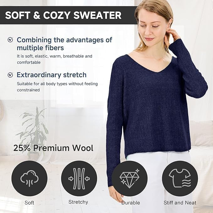 Image of Simple&Opulence Women's Long Sleeve V-Neck Sweater Off-Shoulder Light Cropped Sweaters for Women Wool Sweater S-XL