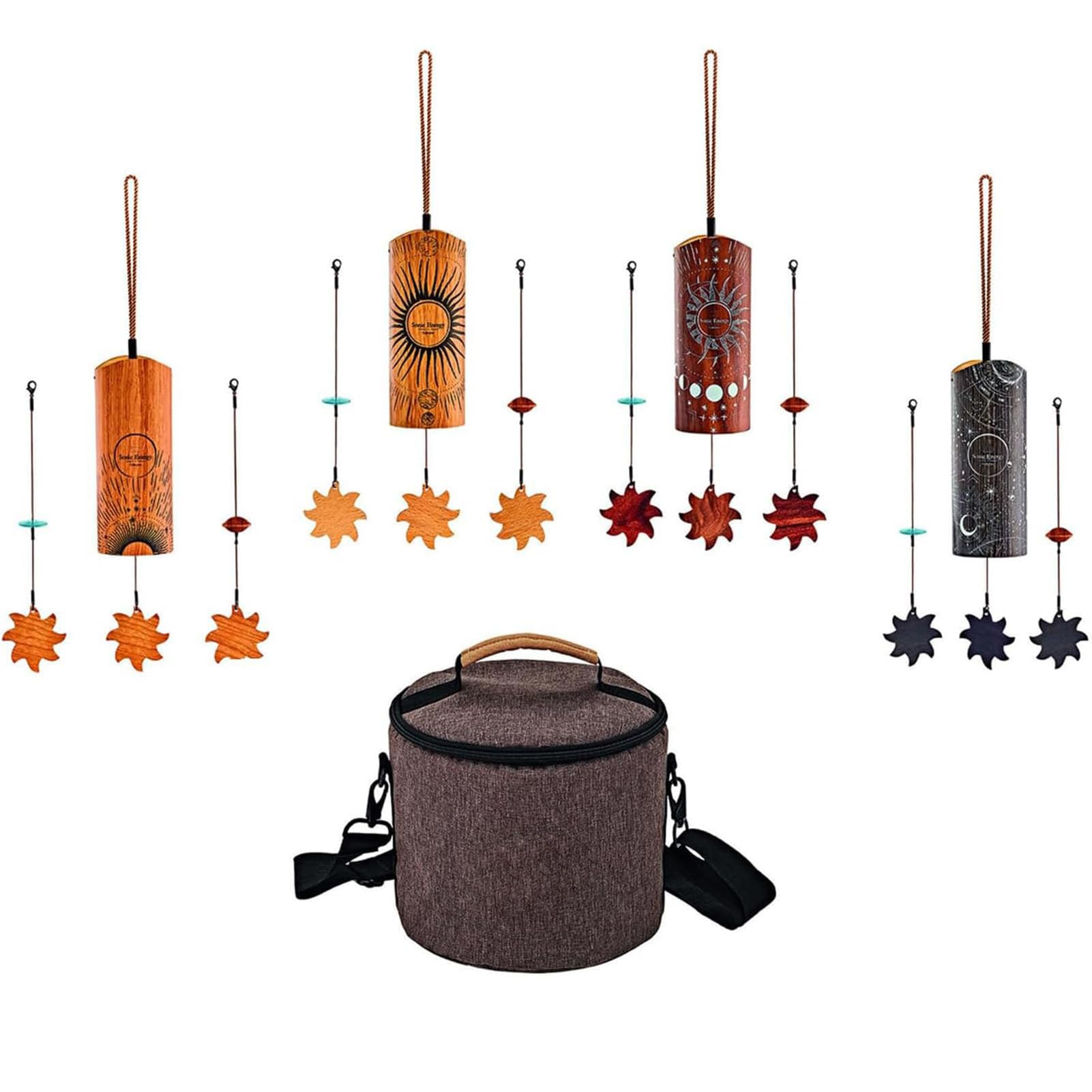 Lot de 4 carillons éoliens en bambou avec sac de rangement, tonalité énergétique sonique 432 Hz pour la guérison par le son, la méditation et le yoga