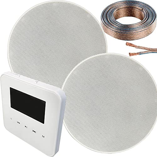 100W Speaker System - Bluetooth In-Wall Mounted Amplifier - 2x 70W 5.25 Slim/Low Profile Ceiling Speaker Kit - Wireless Music Streaming Amp