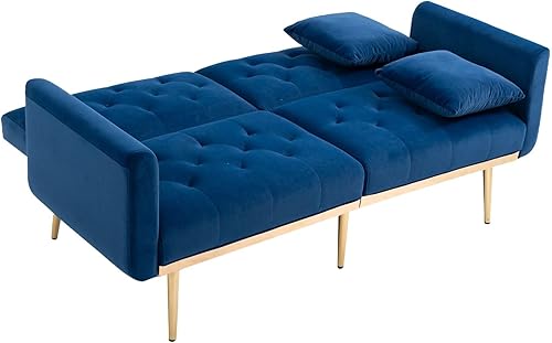 Miniatura 4 de FRITHJILL Cama tapizada de terciopelo con almohada y patas de metal dorado, sofá biplaza moderno copetudo con respaldo ajustable y brazos de oruga,