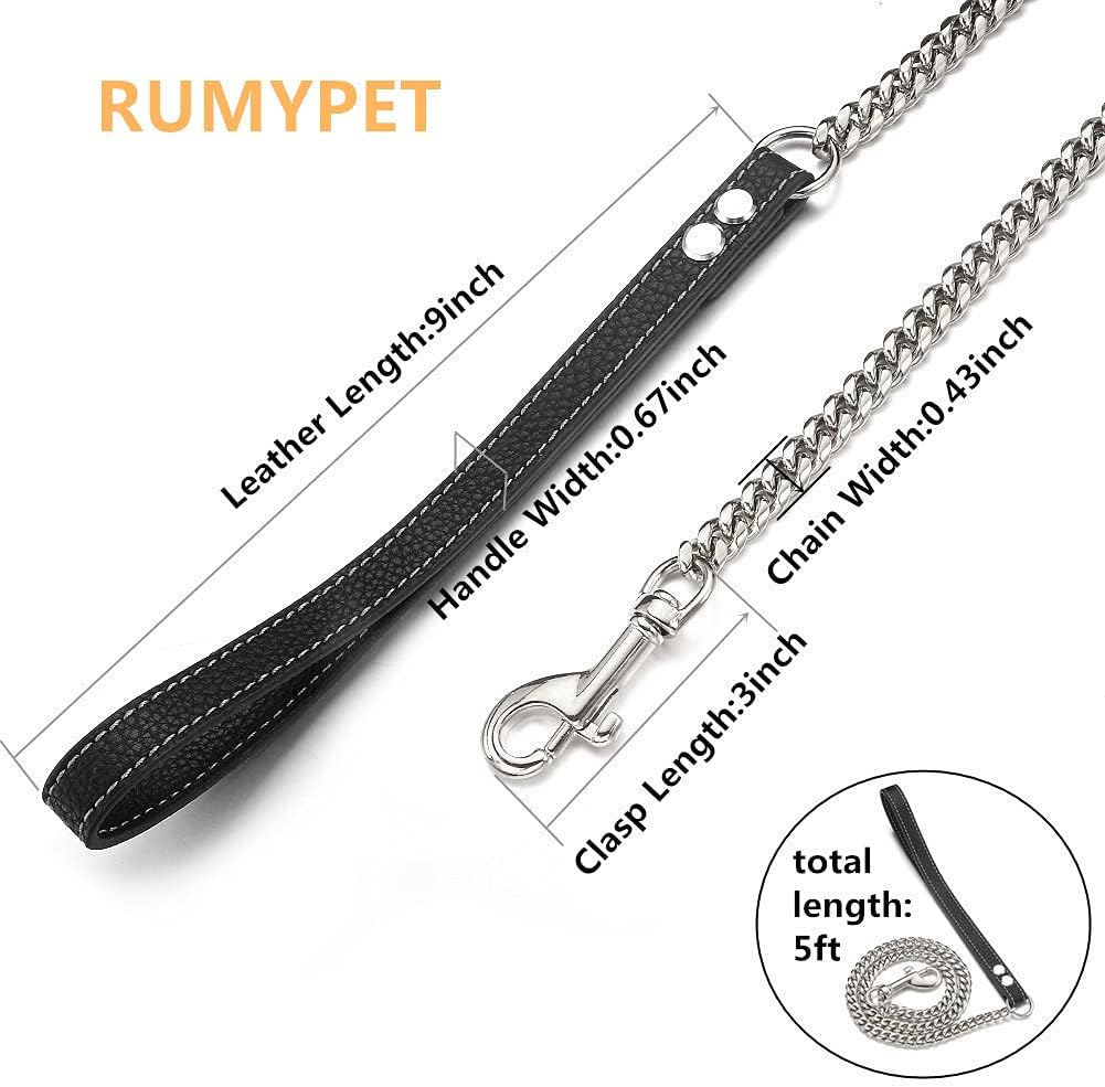 3FT/4FT/5FT Heavy Duty Silver Dog Chain Leash 10MM Stainless Steel Miami Cuban Link Chain with Durable Genuine Leather Handle for Training Walking(10mm,5ft)…